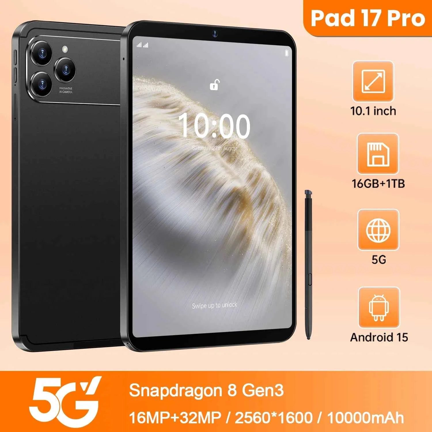 Global Version 5G Pad 17 Pro Max 10.1Inch Android Tablet 16GB+1TB 10000mAh Battery