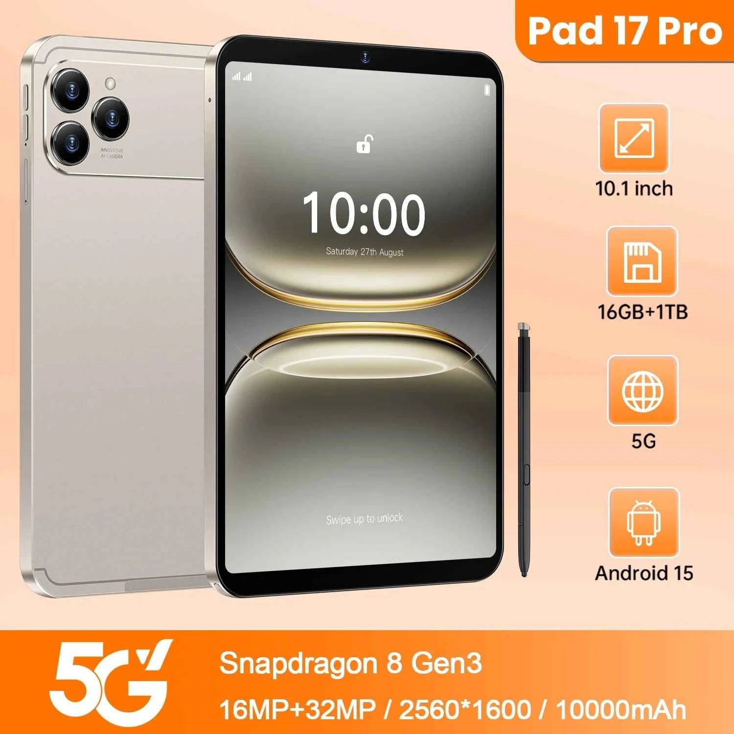 Global Version 5G Pad 17 Pro Max 10.1Inch Android Tablet 16GB+1TB 10000mAh Battery