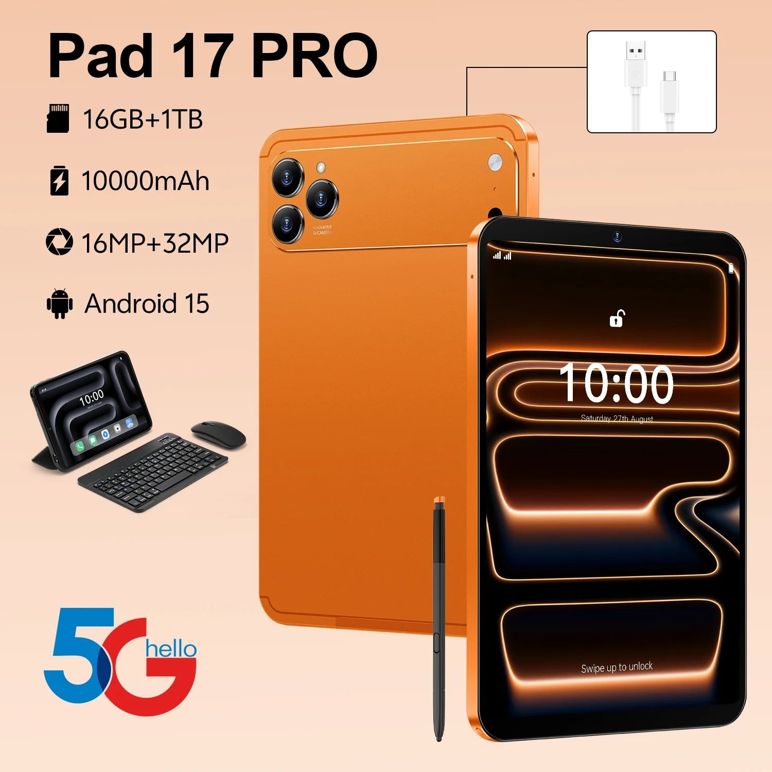 Global Version 5G Pad 17 Pro Max 10.1Inch Android Tablet 16GB+1TB 10000mAh Battery