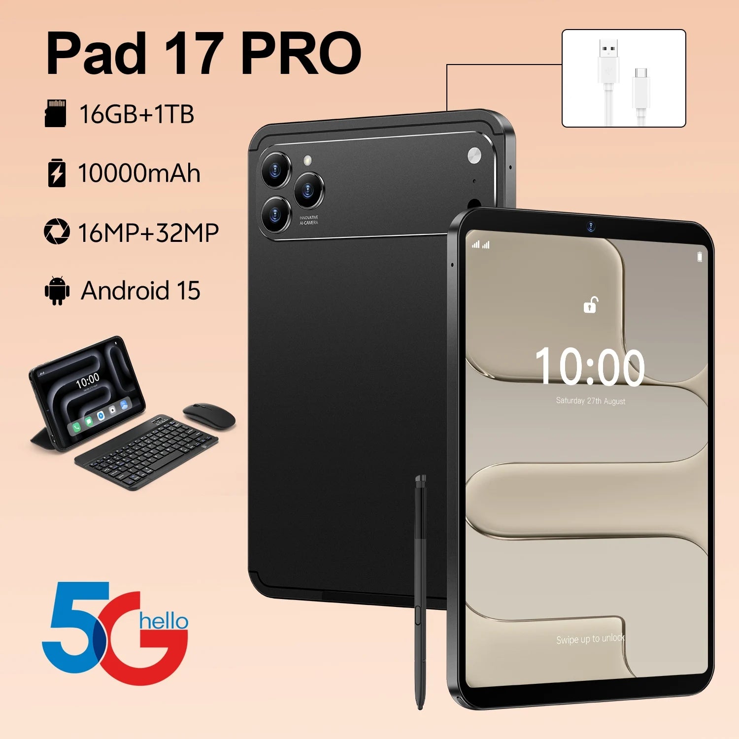 Global Version 5G Pad 17 Pro Max 10.1Inch Android Tablet 16GB+1TB 10000mAh Battery