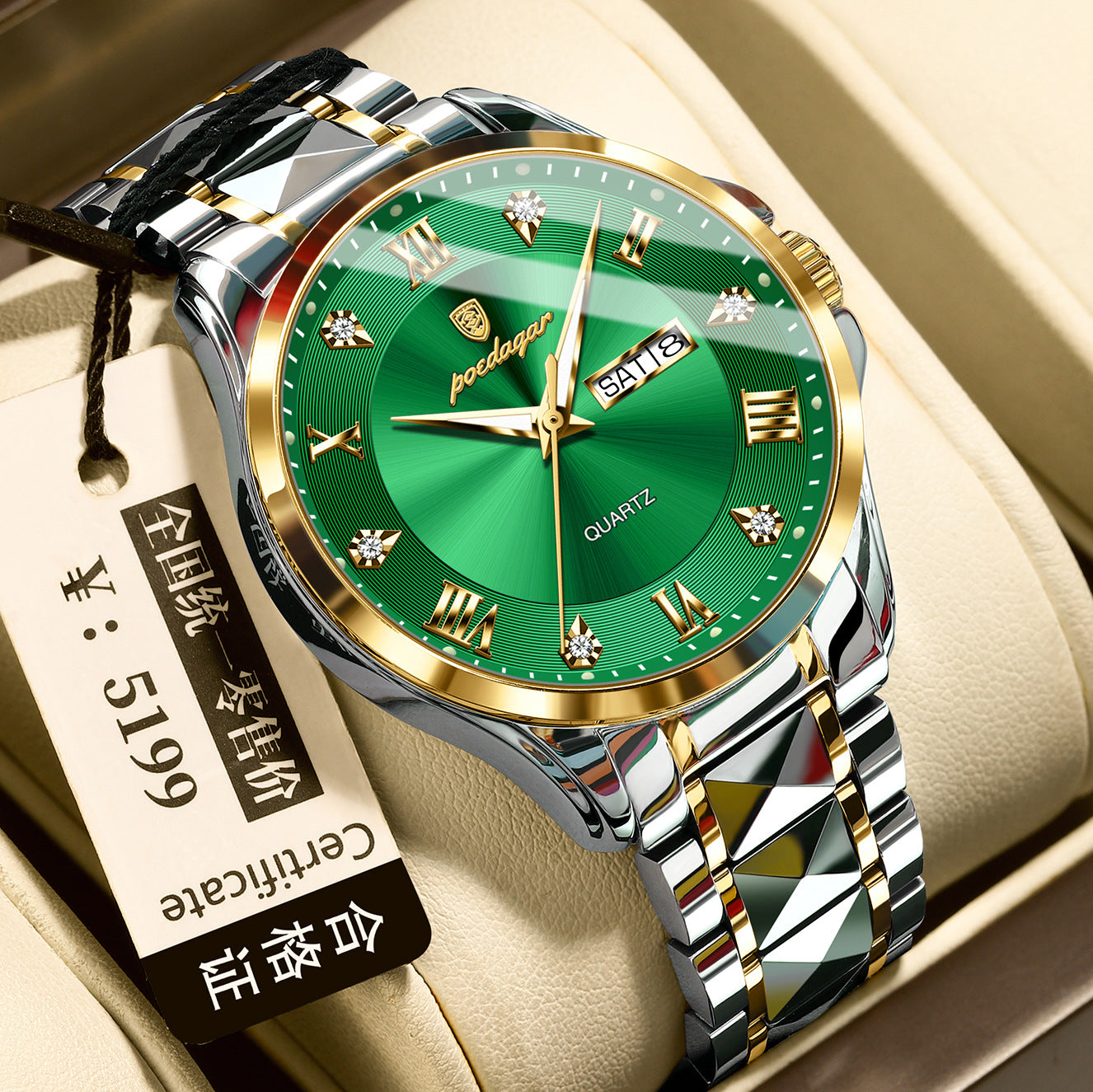 Men's Luxury-Style Quartz Watch — Day/Date, Stainless Steel Bracelet