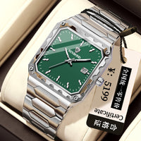 Binbang Square Men's Quartz Watch — Date Window, Steel Strap