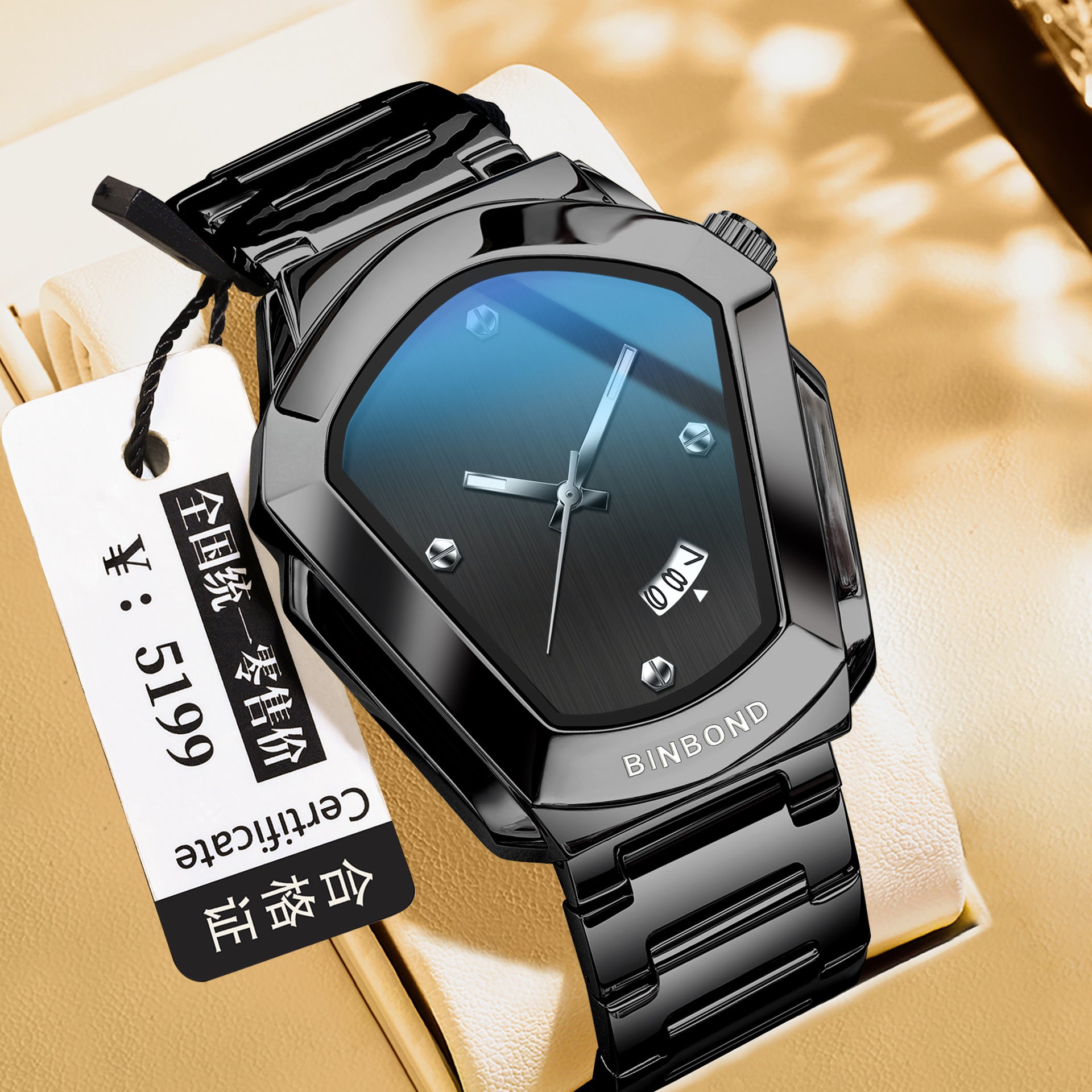 BINBOND Men's Quartz Watch — Crystal-Accent Dial, Steel Bracelet