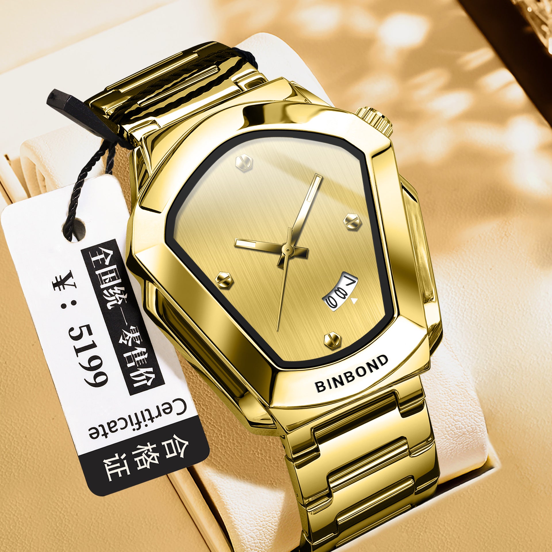 BINBOND Men's Quartz Watch — Crystal-Accent Dial, Steel Bracelet