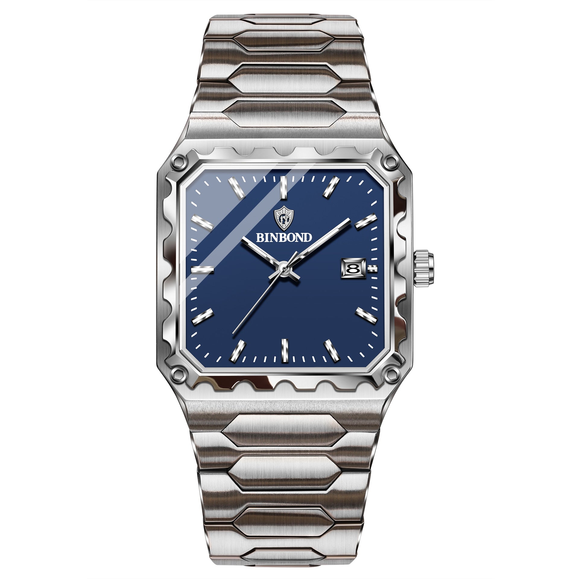 Binbang Square Men's Quartz Watch — Date Window, Steel Strap