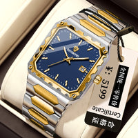 Binbang Square Men's Quartz Watch — Date Window, Steel Strap