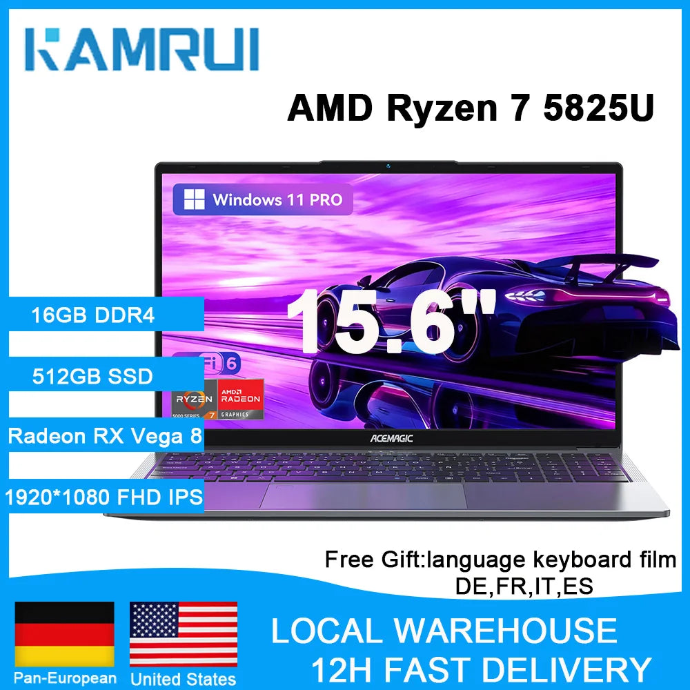 KAMRUI 15.6" Laptop — Ryzen 7, 16GB DDR4, 512GB NVMe SSD, Windows 11 Pro