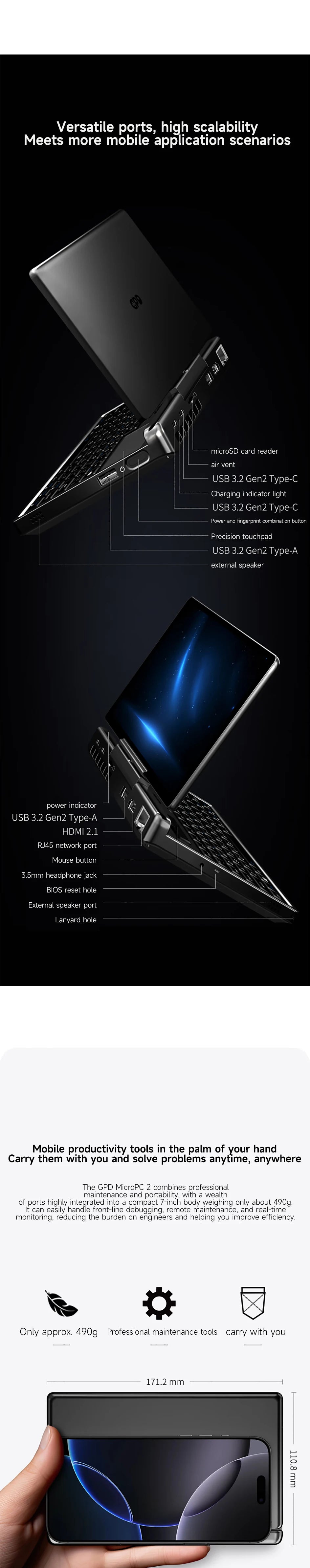 GPD MicroPC 2 — 7" Mini Laptop, Intel i3-N300, 16GB RAM, Up to 4TB SSD