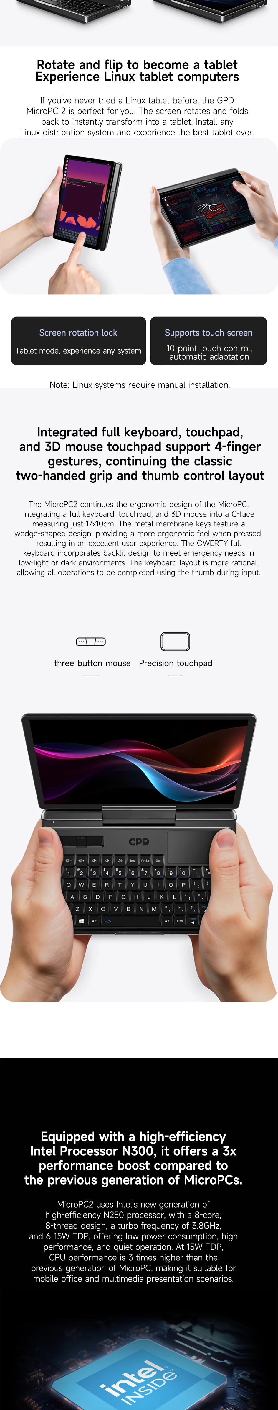 GPD MicroPC 2 — 7" Mini Laptop, Intel i3-N300, 16GB RAM, Up to 4TB SSD