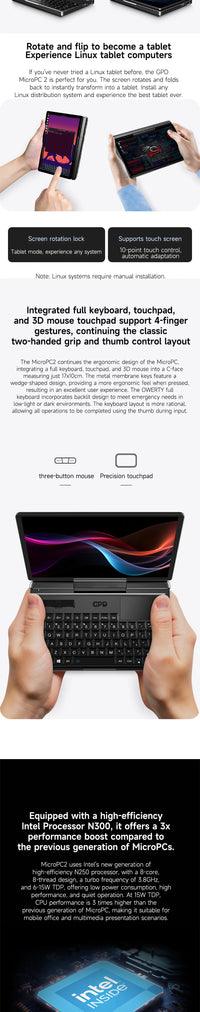 GPD MicroPC 2  2025  7-inch  Intel i3-N300 Windows 11 24H2 Pro Edition  16GB RAM | 512GB/1TB/2TB/4TB SSD  Palm-sized Mini Laptop