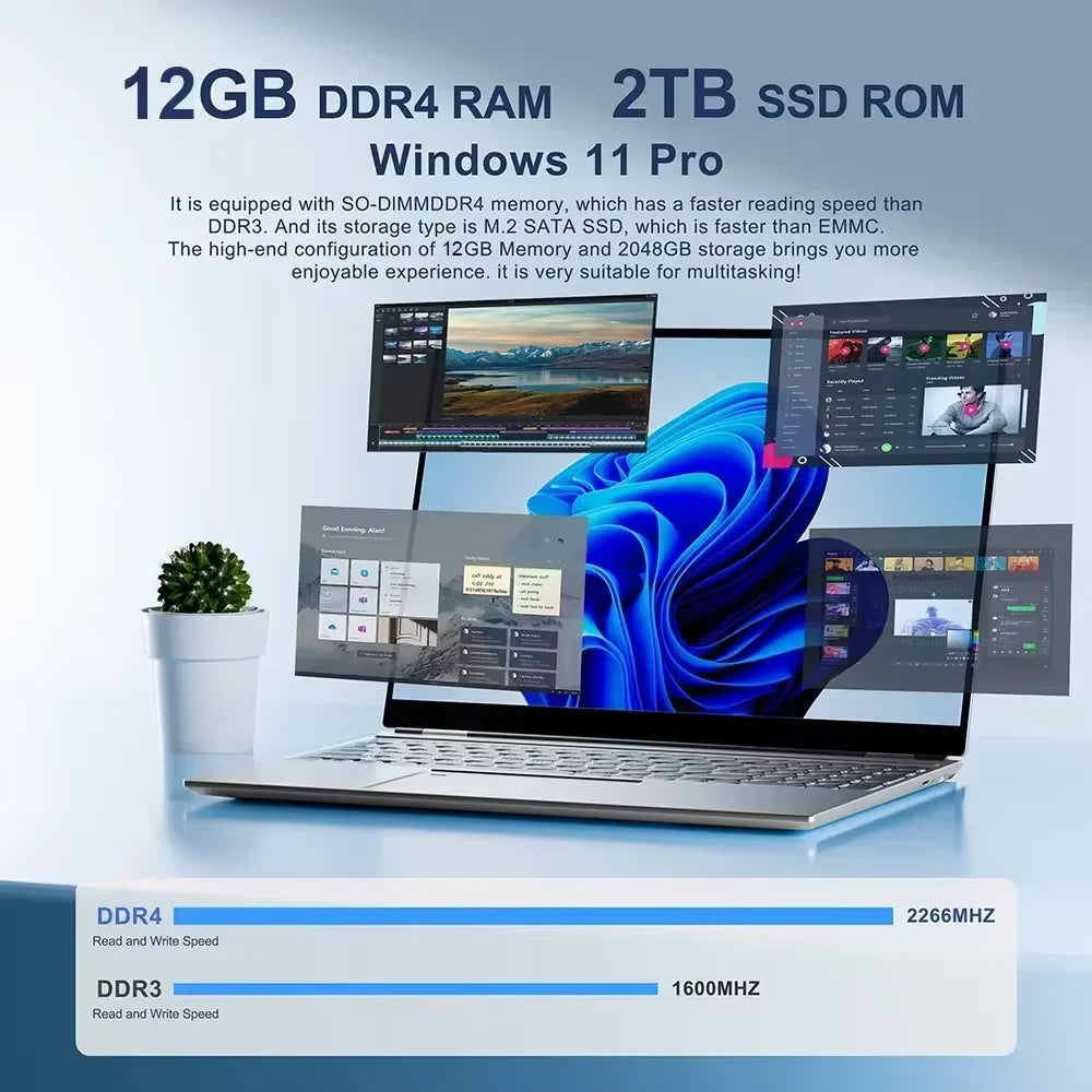 15.6" Office Laptop — Intel Atom x7, 12GB RAM, Up to 2TB SSD, Windows 11