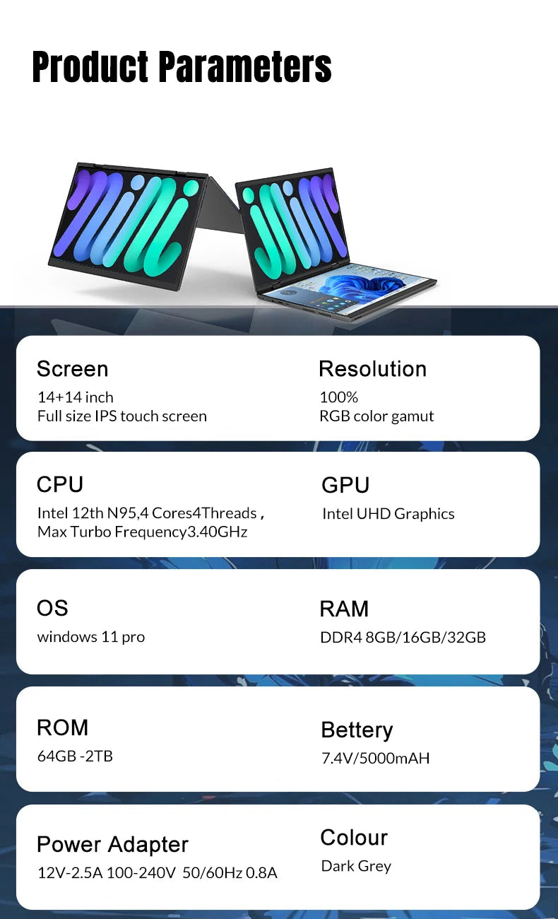 CRELANDER YG14D Dual Screen 2-in-1 Laptop – 14"+14" 2K Touch | Intel N95/N100 | Up to 32GB | RGB Backlit | 360° Flip
