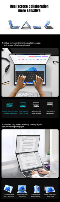 CRELANDER YG14D Dual Screen 2-in-1 Laptop – 14"+14" 2K Touch | Intel N95/N100 | Up to 32GB | RGB Backlit | 360° Flip