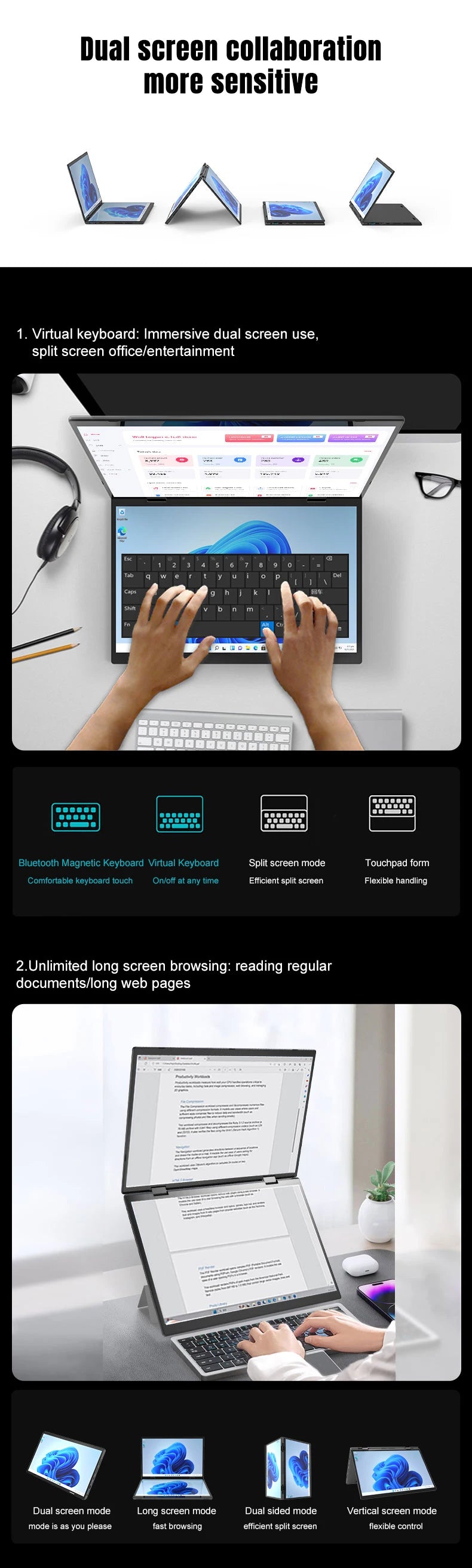 CRELANDER YG14D Dual Screen 2-in-1 Laptop – 14"+14" 2K Touch | Intel N95/N100 | Up to 32GB | RGB Backlit | 360° Flip