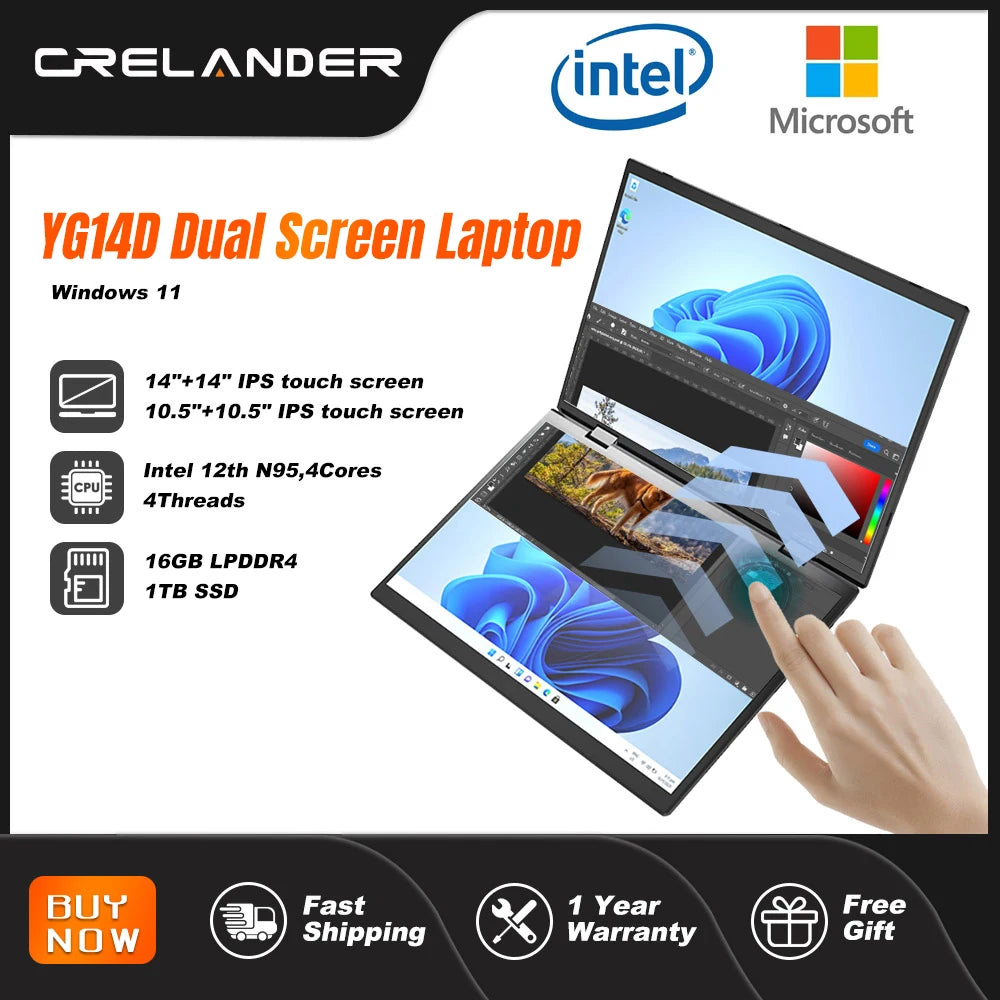 CRELANDER Dual-Screen Laptop — 14"+14" 2K Touch, 2-in-1 360° Flip, Intel N95/N100