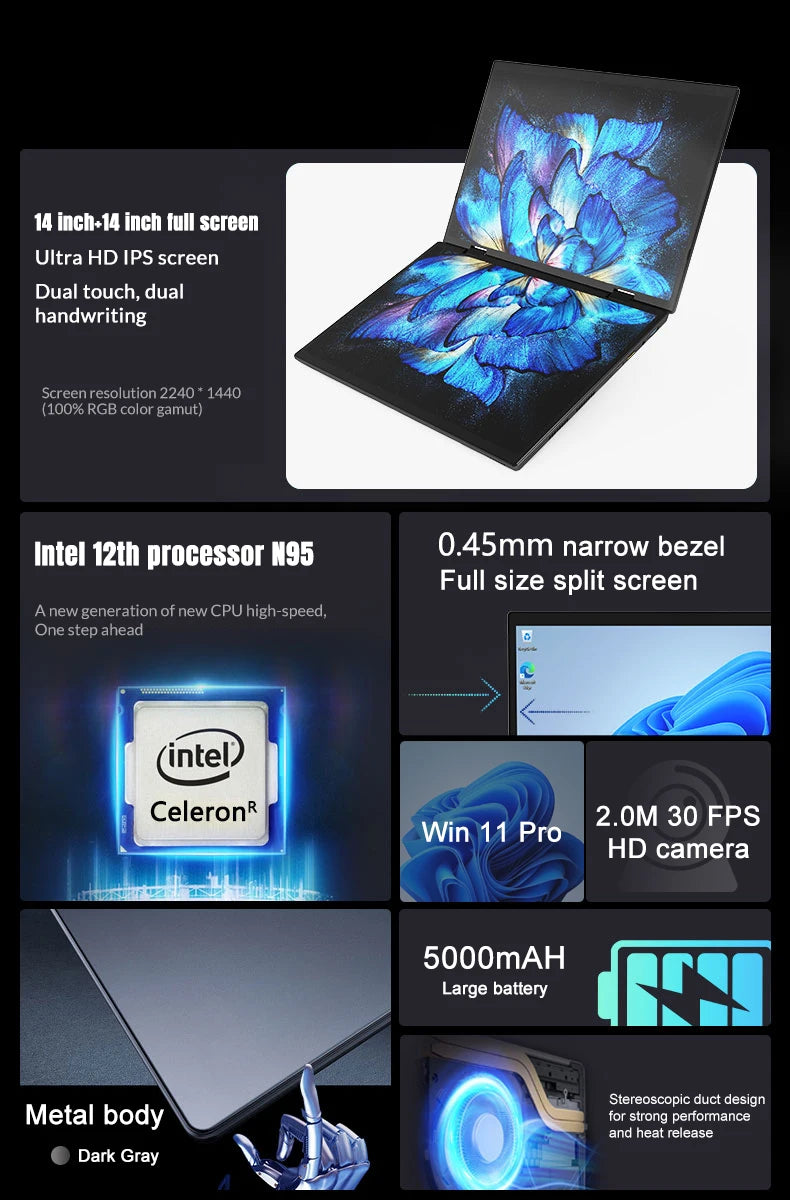 CRELANDER YG14D Dual Screen 2-in-1 Laptop – 14"+14" 2K Touch | Intel N95/N100 | Up to 32GB | RGB Backlit | 360° Flip